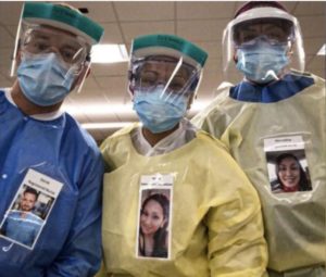 Healthcare workers create connection by pinning a photo of their face and their name on the outside of their hospital gown.