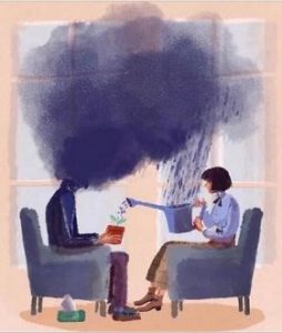 client is surrounded by storm cloud and it is raining on the therapist. The therapist is catching the rainwater in a watering can and is using it to water the potted plant in the clients hands.